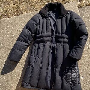 Athleta Black Puffer Jacket with Floral Detail